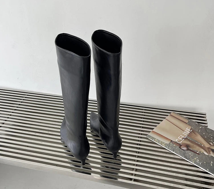2025 Luxury Knee High Boots Women Wine Red Pointed Toe Kitten Heel Long Boots Wide Tube Bottes Santiags Femme Elegant Shoes