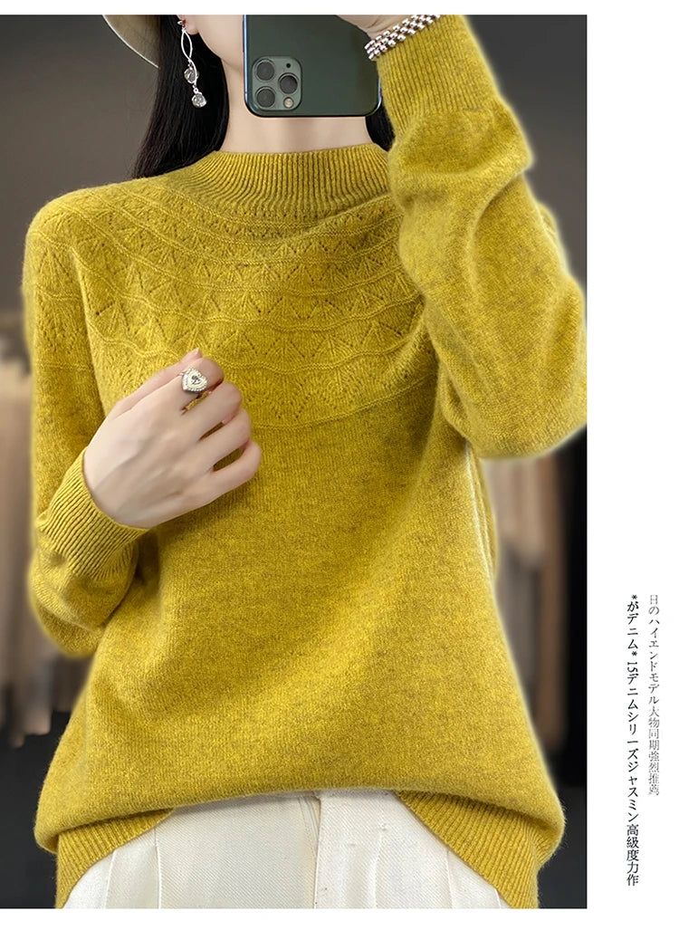 2024 New Line Of Garment Hollowed Out Half Height Women's High-grade Woolen Sweater 100% Pure Wool Multi-color Option WQ