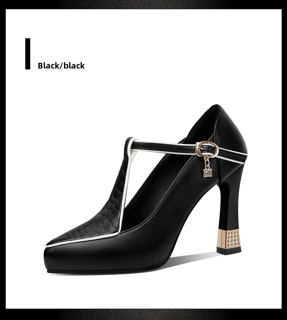 2024 Spring Vintage Fashion Women's Pointed Toe Shallow Sole One-Piece Buckle Mary Sandals High Heels Polyurethane Leather