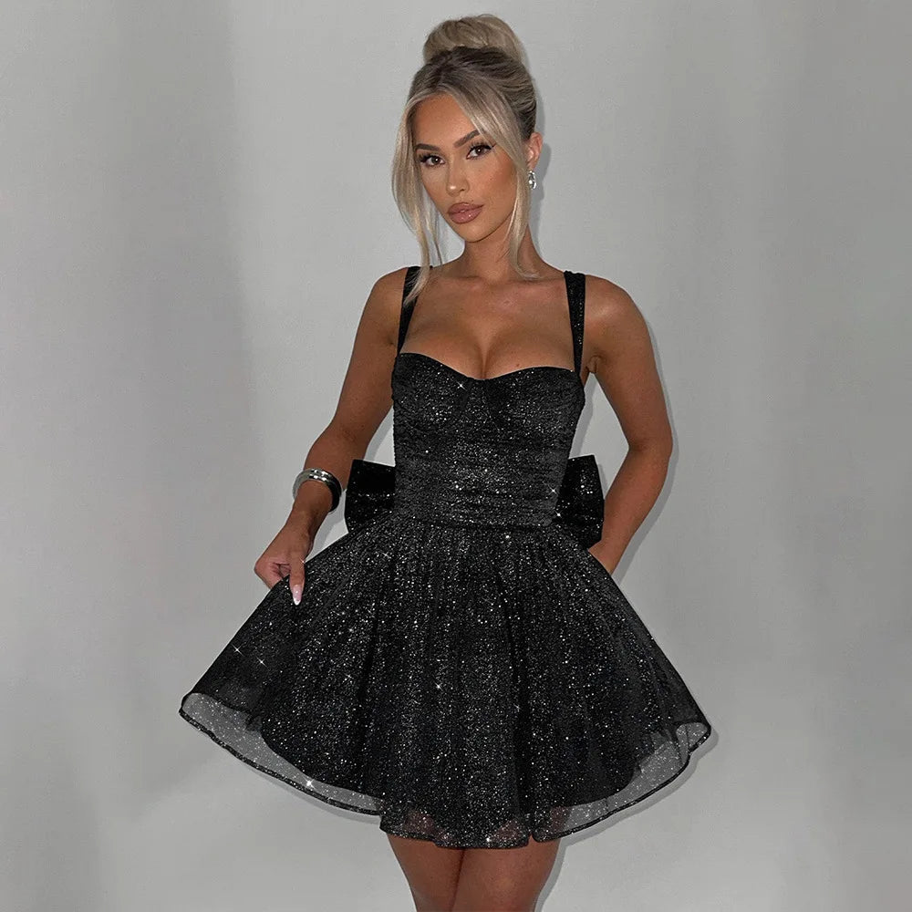 Articat Sexy Mesh Spaghetti Strap Double-layer Short For Women Elegant Sleeveless Backless Tight Shiny Bow Evening Dress 2025
