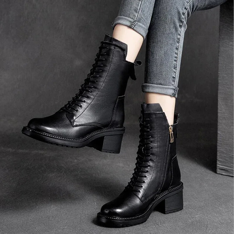 Careaymade 2025 Cow Leather Quality Women Shoes Autumn Winter Square Med Heel Ankle Boots Lace Up Zipper Ladies Pumps Size 35-40