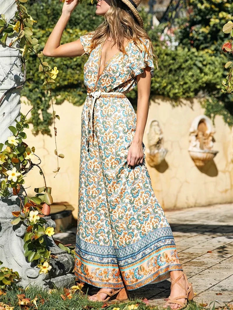 Happie Queens Women Floral Print Lace-up Boho Bodysuits with Pokctes Elastic Waist Short Sleeve Bohemian Rayon Playsuits Rompers