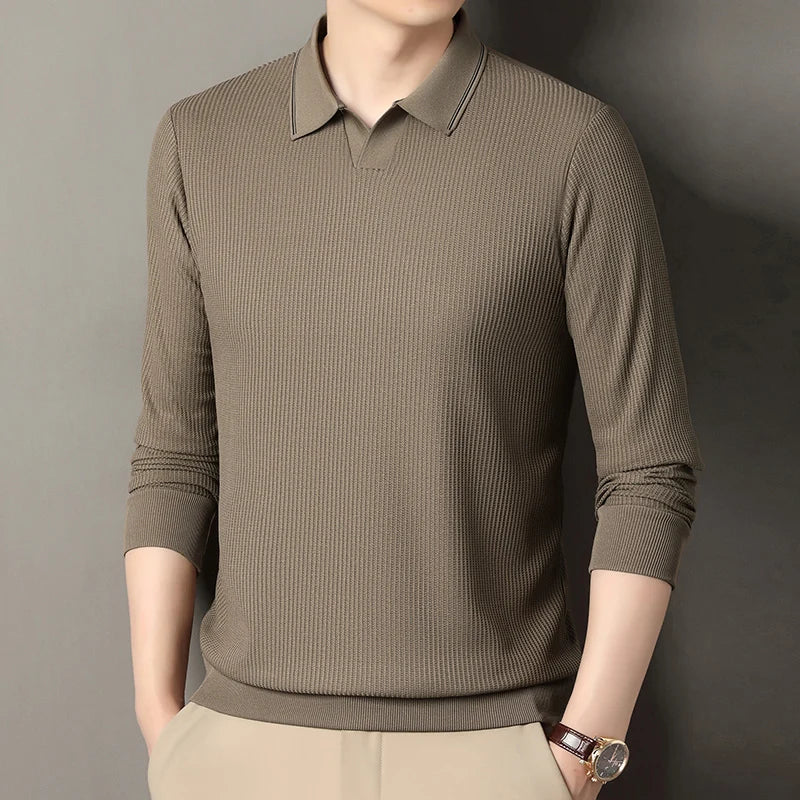 Spring and Autumn men's long sleeved T-shirt, polo shirt, casual trend, casual solid color, V-neck elastic, no heat T-shirt