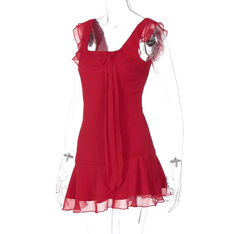 European and American style women's spring new fashion sexy French temperament sleeveless square collar ruffled chiffon dress