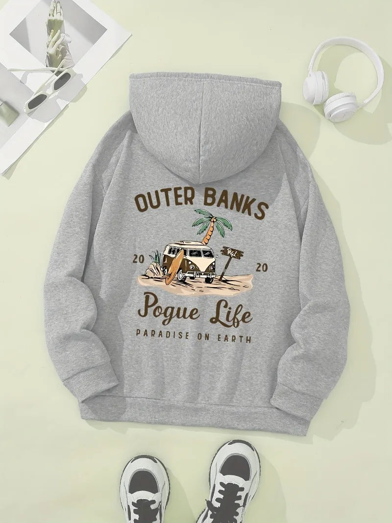 Cozy Hoodie Women's Casual Hoodie Outer Banks Pogue Life Letter Print Beach Graphic Kangaroo Pocket Cozy Autumn Apparel Trendy