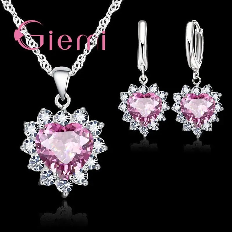 Love Heart Crystal Pendant Silver Color Party Jewelry Sets Necklace Earrings For Women Valentine Gifts