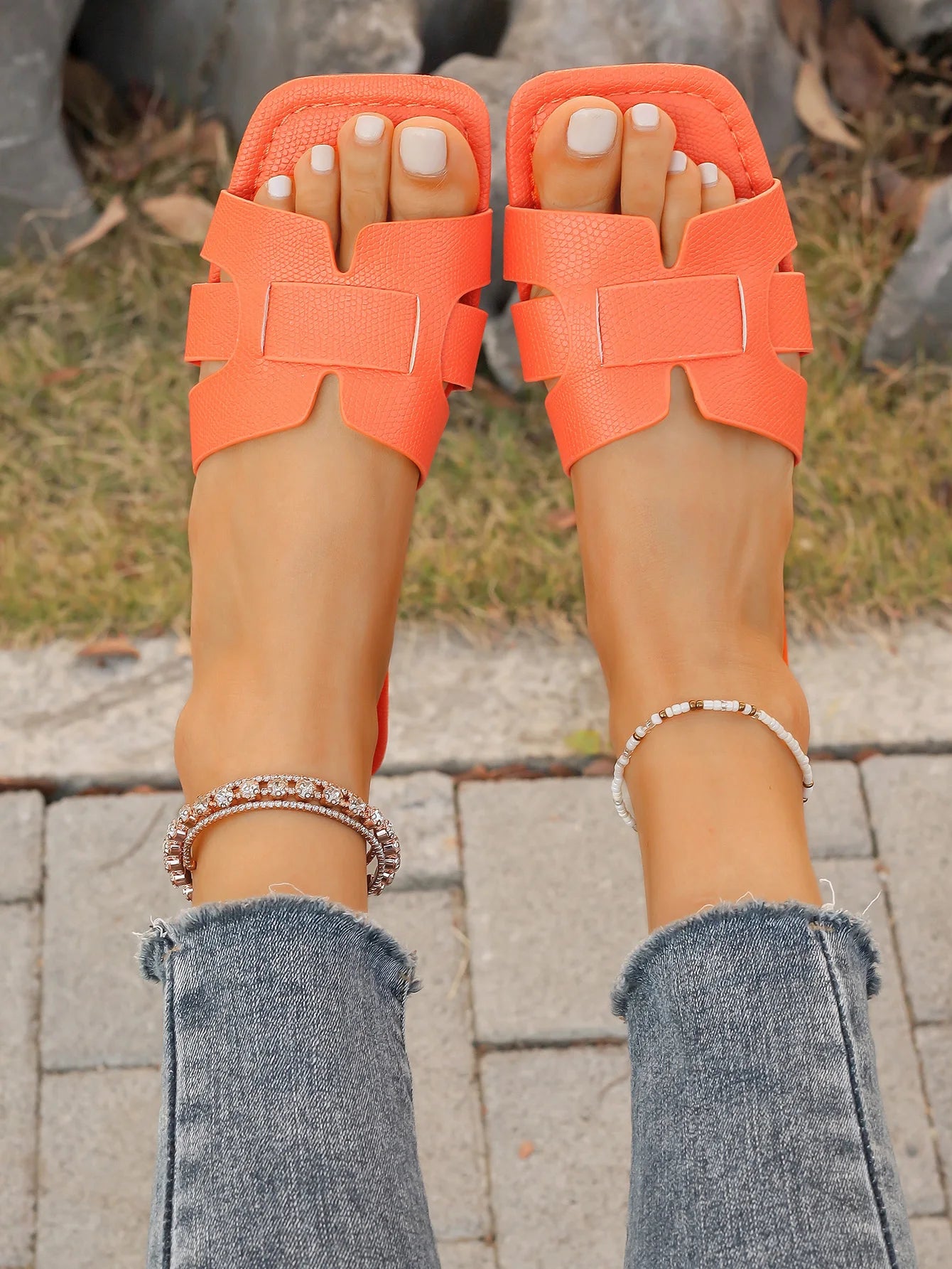 Women's Flat Sandals, Summer Fashion Slip-On Slippers, Square Toe Open-Toe Design, Suitable for Everyday Wear, Mom Shoes, Mother's Day Gift