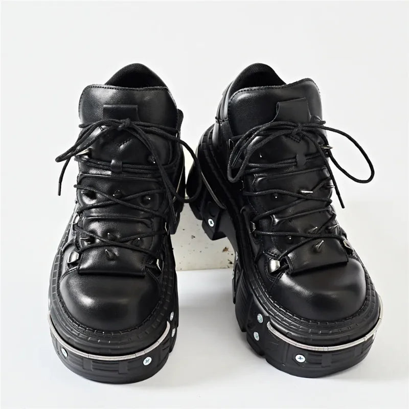 Punk Women Lace-Up Ankle Botas Mujer 2025 Rivet Metal Decoration Round Toe Thick Bottom Boots Woman Nightclub Rock Platform Shoe