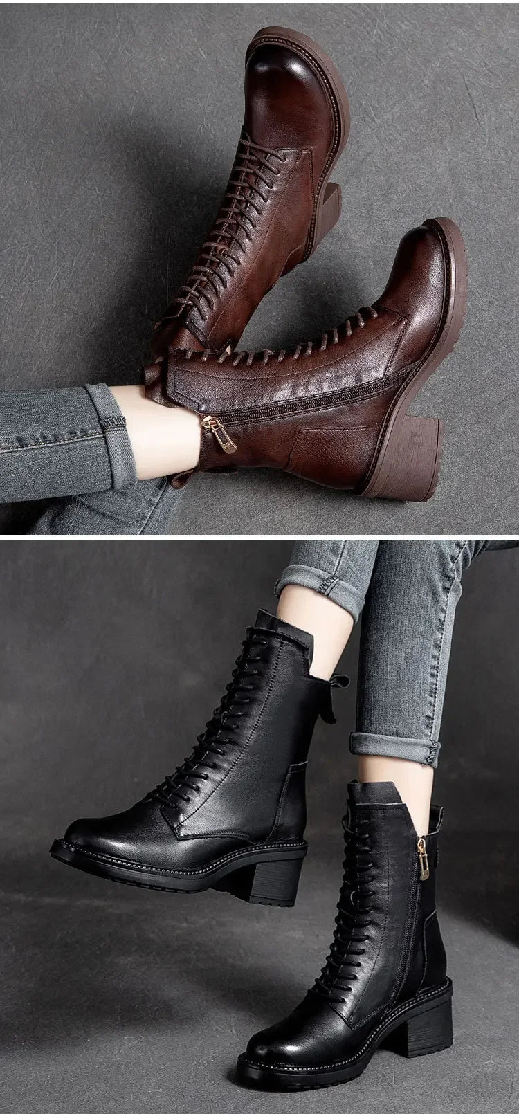 Careaymade 2025 Cow Leather Quality Women Shoes Autumn Winter Square Med Heel Ankle Boots Lace Up Zipper Ladies Pumps Size 35-40