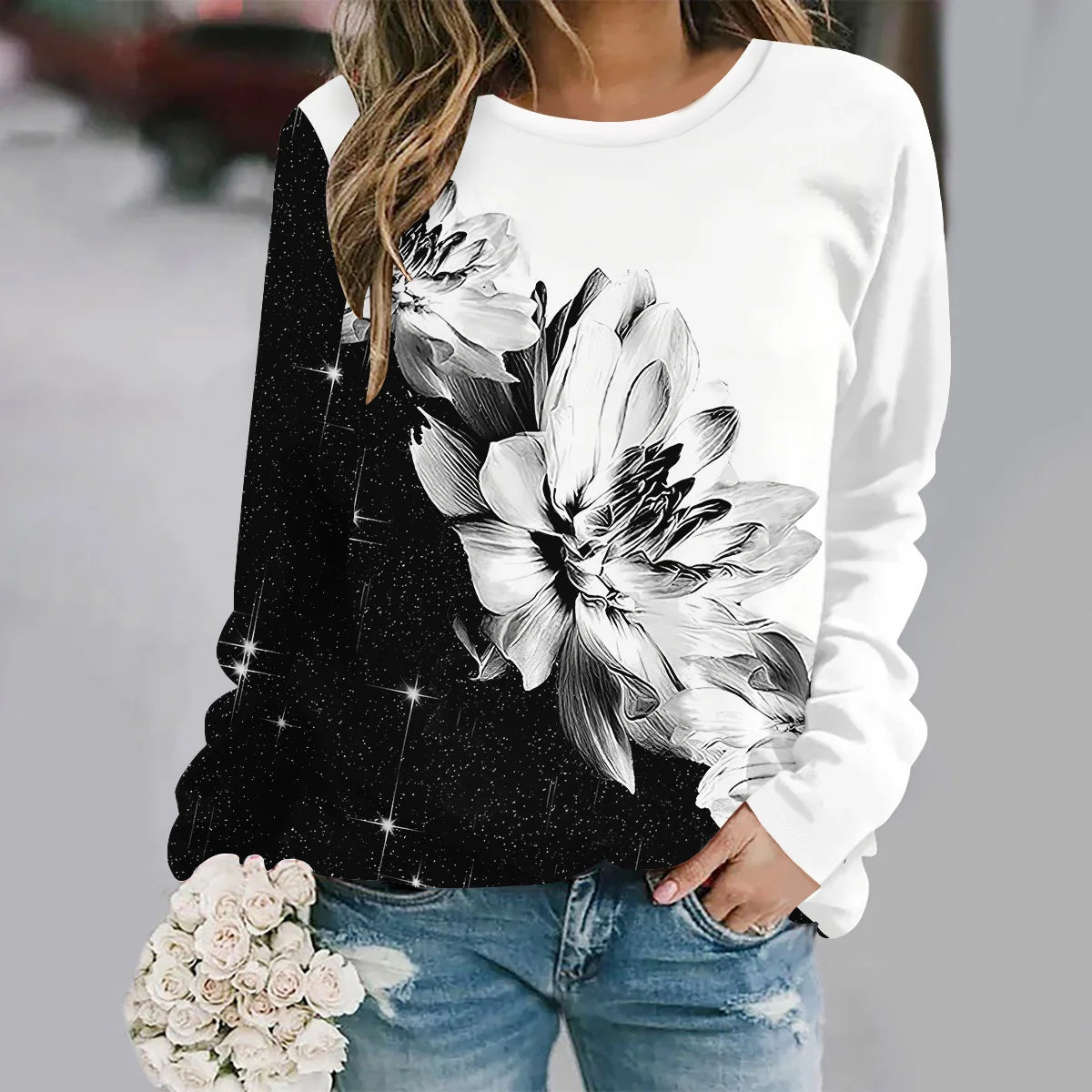 2025 Autumn and winter new fashion round neck long sleeve printed elegant casual loose hoodie