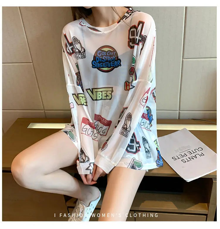 Women Letter Graphic Print Sexy Sheer Mesh Harajuku Y2K T Shirt Summer Trendy Long Sleeve Thin Tees Casual Streetwear Tops Ropa