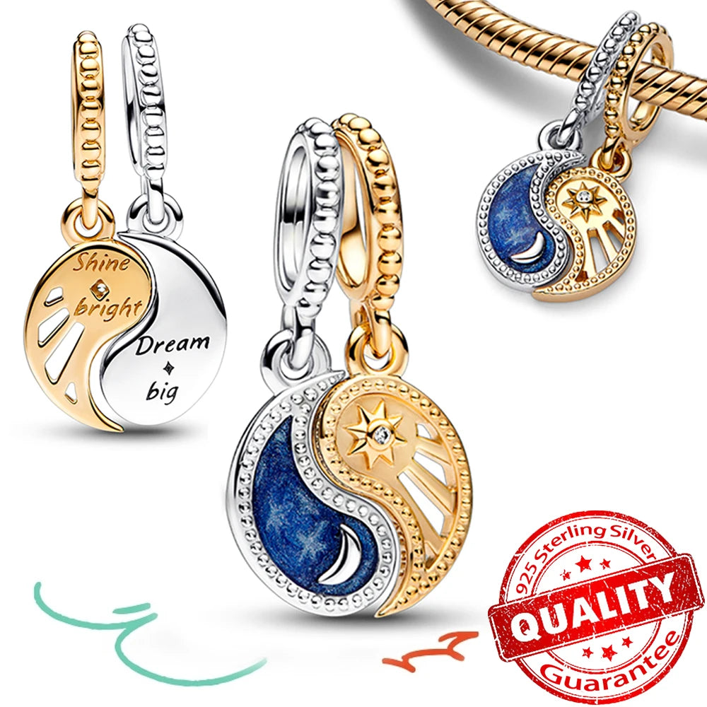 New 925 Sterling Silver Two Tone Golden Sunflower Lucky Stars Charm Fit Bracelet & Necklace Sun Moon Diamond Charm Jewelry DIY