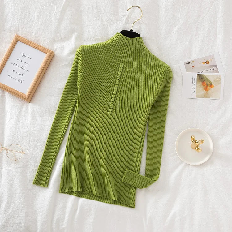 Women Turtleneck Pullovers Autumn Winter Jumper Knitted Basic Top Fashion Solid Color with Button Long Sleeve Ladies Sweater