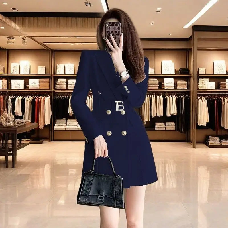 2025 New Spring Autumn Chic Casual Outwear Jacket Outwear Women's Belt Medium Long Double Row Long Sleeve Professional Suit Tops