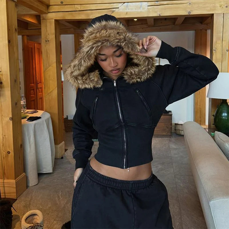 Fashion Solid Feather Hooded Short Jacket Women Zipper Pockets Full Sleeve Waist-closed Coat 2025 Autumn Lady New Street Outwear