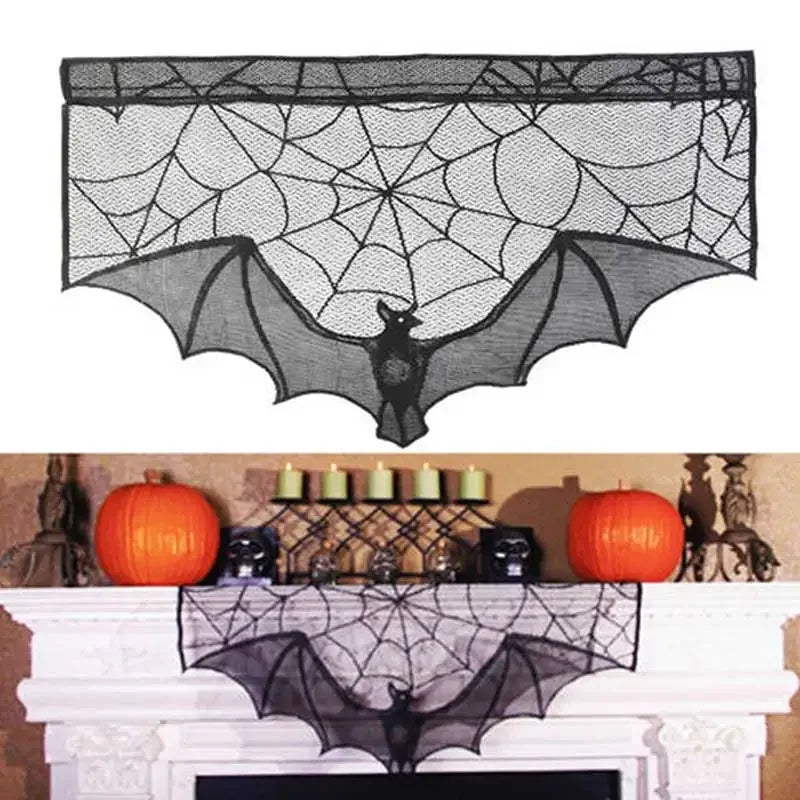 Hallowen Bat Spider Web Table Runner Door Curtain Lace Cobweb Fireplace Cover Lampshade Perfect for Gothic Halloween Decoration