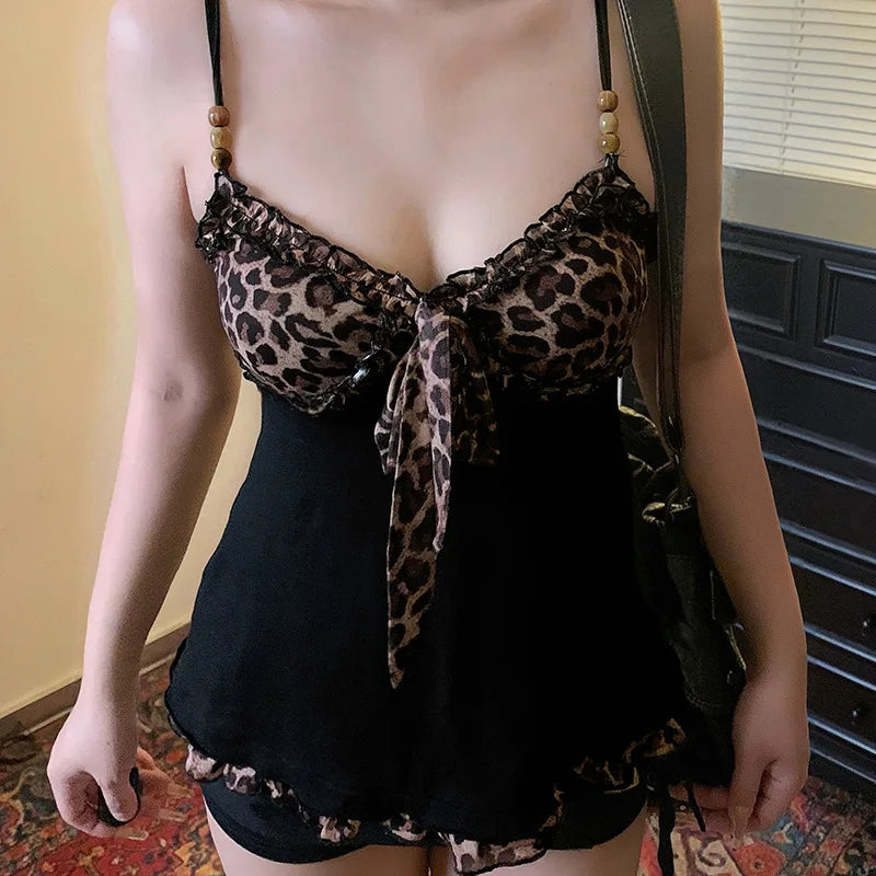 American Hotsweet Y2k Leopard Camisole Women Retro Streetwear E-girl 90s Dark Gothic Sexy Patchwork Lace-up Crop Tank Top Femme