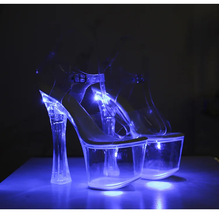 17.5CM Extreme High Heels Glowing Platform Clear Heels Nightclub Sandals For Women Transparent PVC Fashion Model Catwalk Shoes