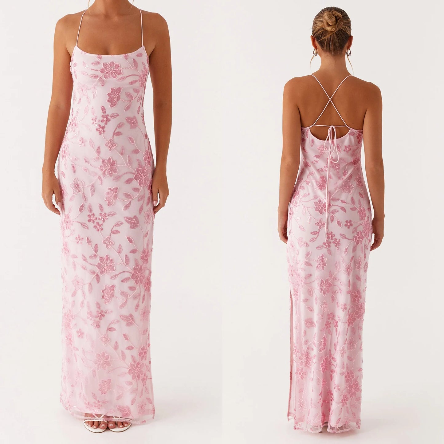 2025 Women Beaded Flower Cami Dress Slim Glitter Sequin High Split Spaghetti Strap Open Back Long Dress for Party Club Vestidos