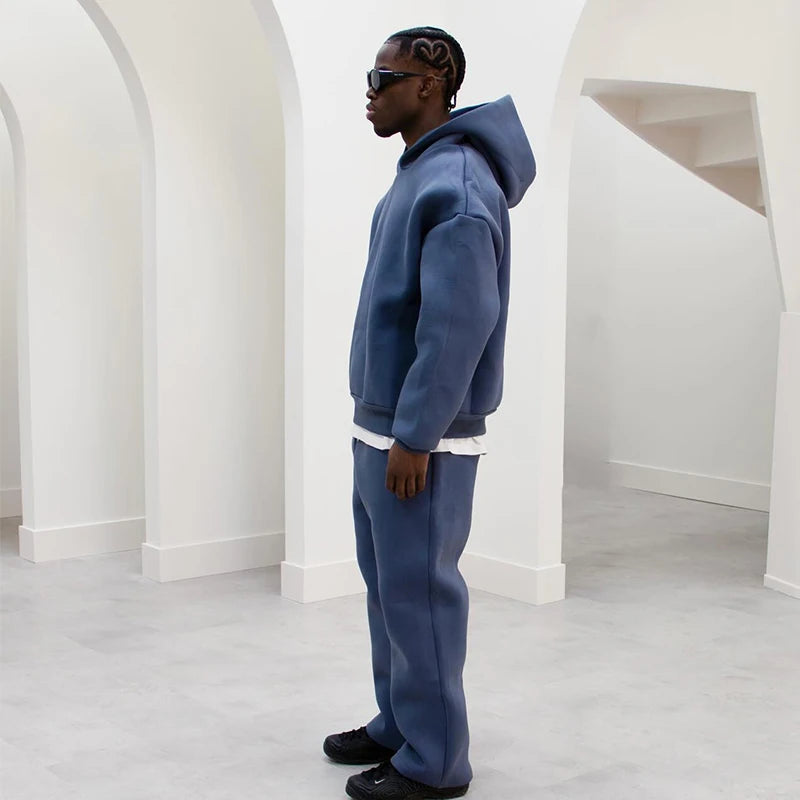 Casual Solid Hooded Pullover Straight Pants 2 Piece Set Tracksuit For Male Fashion Loose Hoodies Sweatshirt Wide Leg Sweatpants