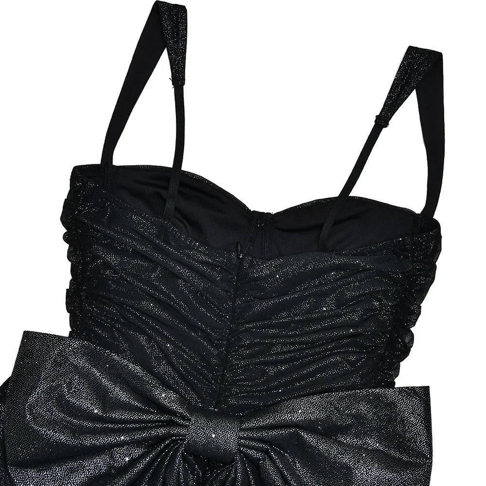 Articat Sexy Mesh Spaghetti Strap Double-layer Short For Women Elegant Sleeveless Backless Tight Shiny Bow Evening Dress 2025