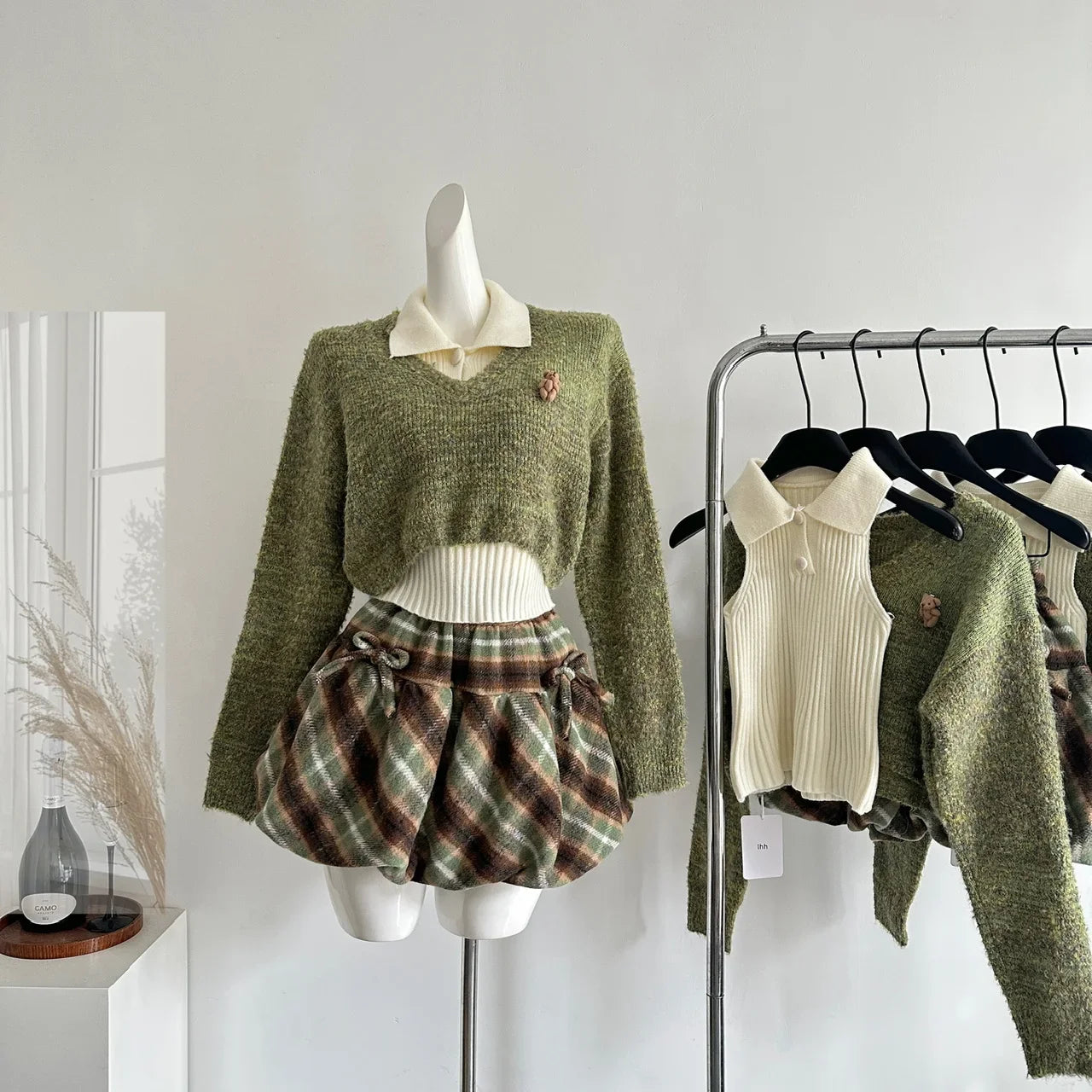 Autumn Winter Korean Cute Knitt 3 Piece Set Women Y2k Outfits Long Sleeve Crop Sweater + Knit Lapel Tank Tops + Mini Plaid Skirt