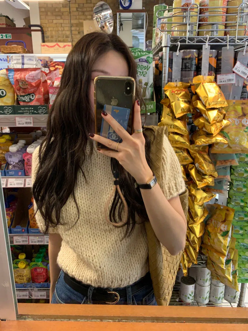 Chic Vintage Heavyweight Knitted Loose ort Sve Striped Sweater for Women Summer Collection oulder Sve