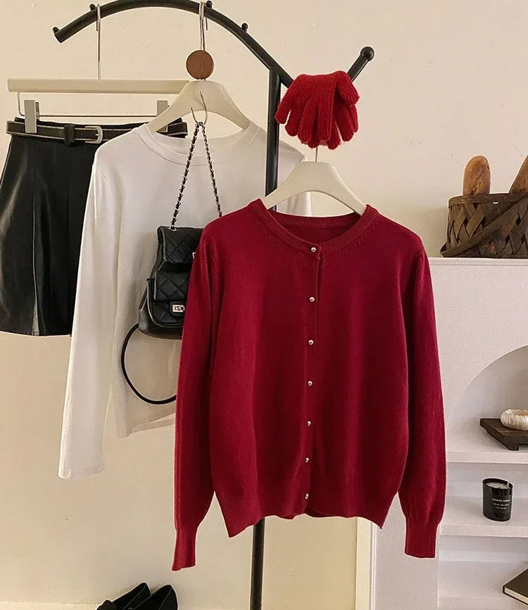 AOSSVIAO 2025 Autumn Winter Cardigan Women's Tops Retro Single Breasted Female Casual Solid Long Sleeve Knitted Sweater