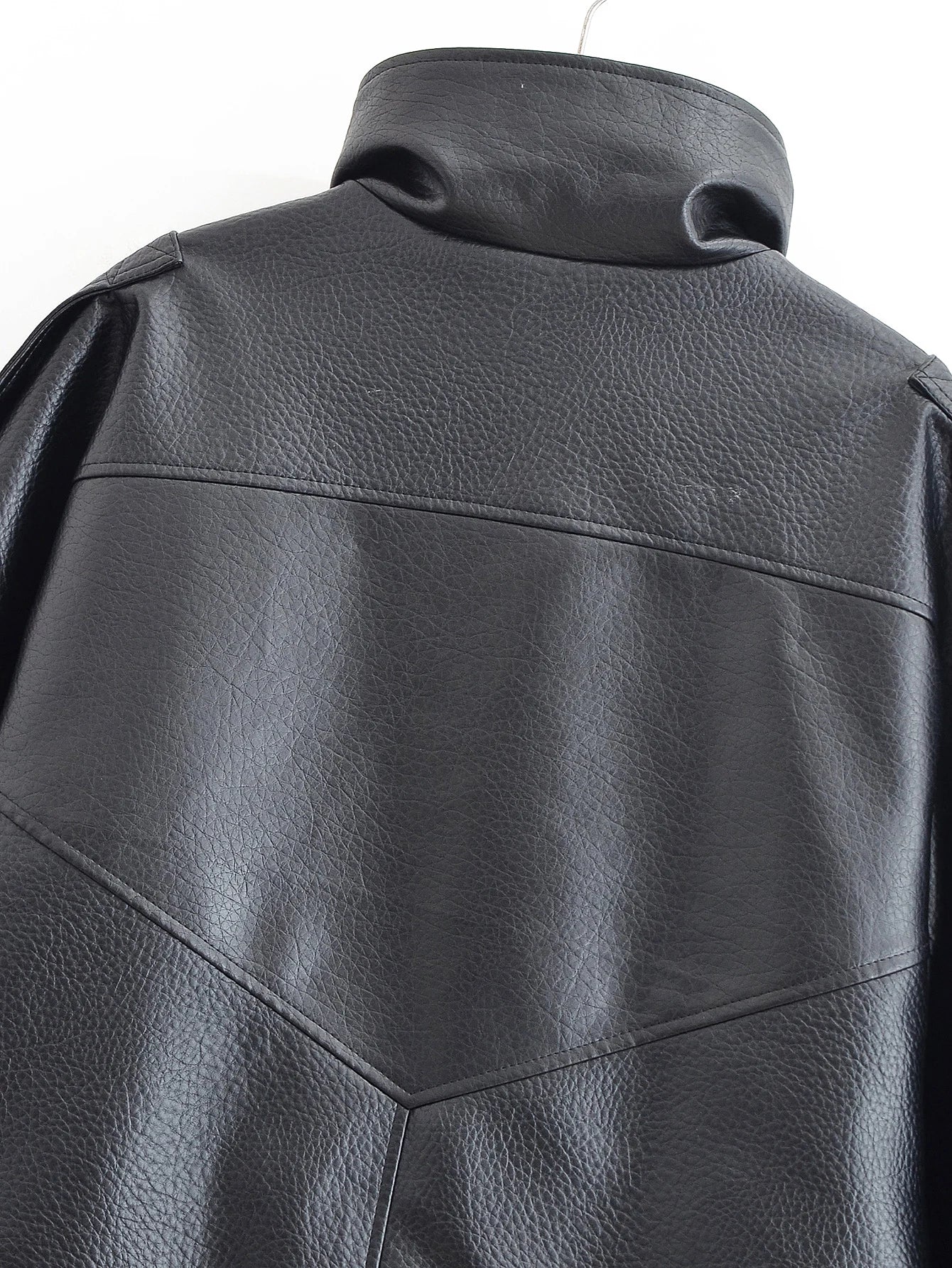 HH 2025 Autumn Women Pu Leather Jacket Vintage Solid Loose Long Sleeve Zipper Turtleneck Coat Casual Office Lady Outerwear