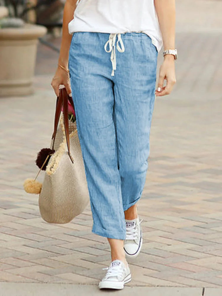 Women Elastic Drawstring Waist Cotton Linen Wide Leg Ankle Pants Summer Female Long Loose Trousers ARJ-K01