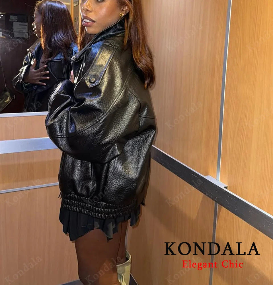 KONDALA Leather Zipper Jacket Women's Fall Winter Standing Collar Faux PU Jacket Coat 2025 Fashion High Street Ladies Y2K Jacket