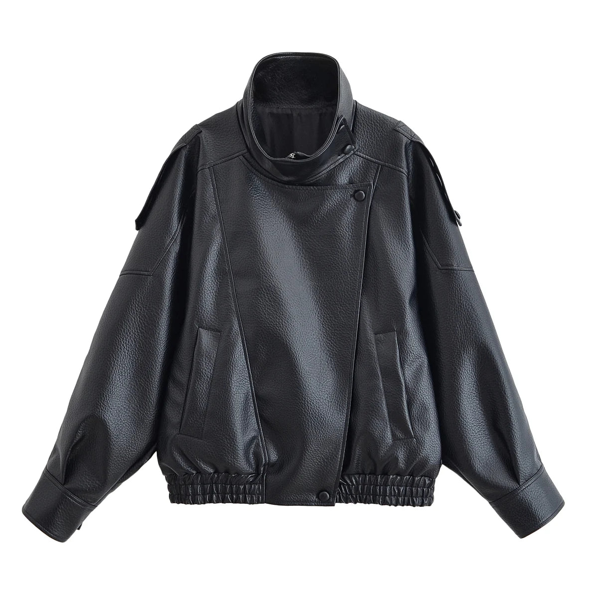 HH 2025 Autumn Women Pu Leather Jacket Vintage Solid Loose Long Sleeve Zipper Turtleneck Coat Casual Office Lady Outerwear