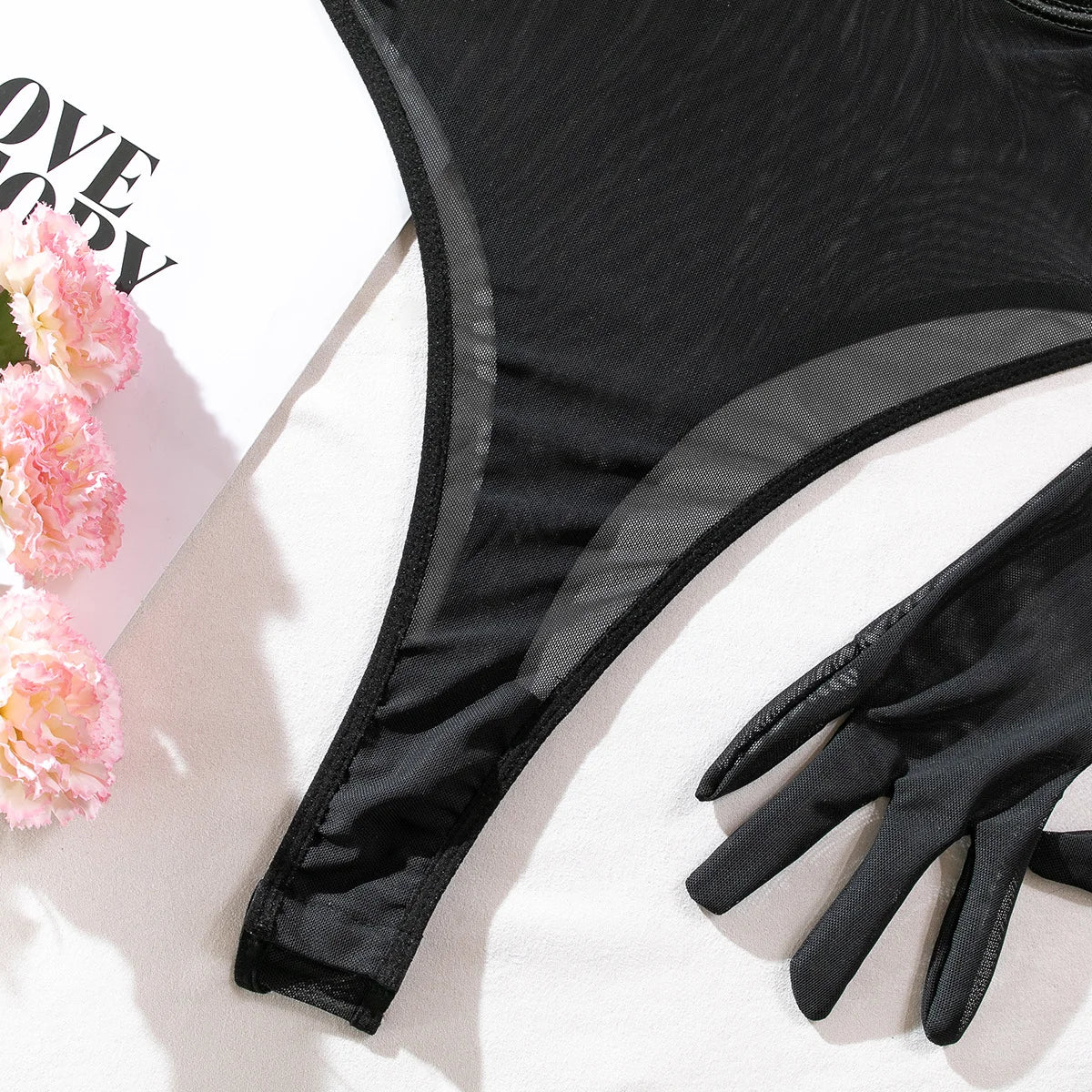 One-piece Bodysuit Women Black Transparent Mesh Patchwork Neck Garter Sexy Bodysuit with Gloves Clubwear Body Femme Jumpsuit