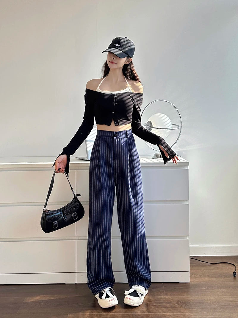 Slimming High Waist Trousers Women's Loose Striped Wide Leg Pants Korean Sle Commute Faion plus Size Long Trousers