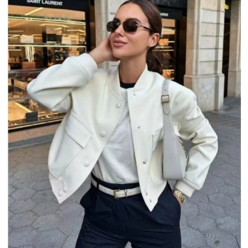 MUJER 2025 Woman Bomber Jacket White Autumn Winter Button Cropped Jackets for Women Fashion Long Sleeve Women Coats Outerwears