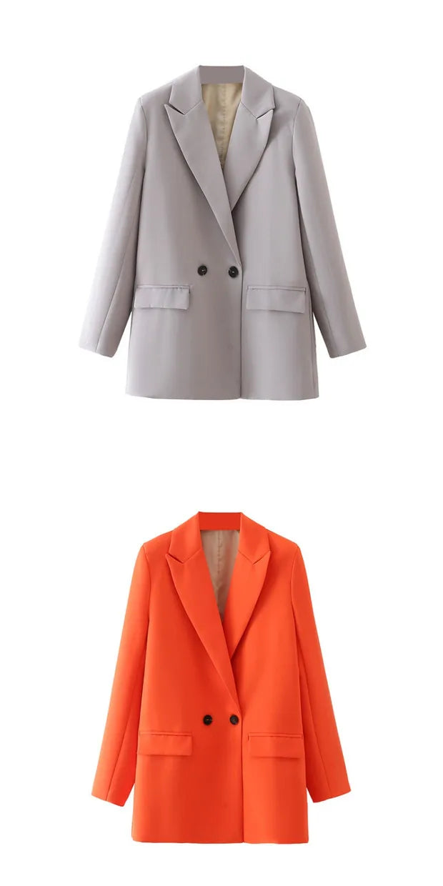New Women's Double-Breasted Suit Jaet Casual Top 2 Colors Commute Sle Straight Cut Polyester Long Sve Pure Color
