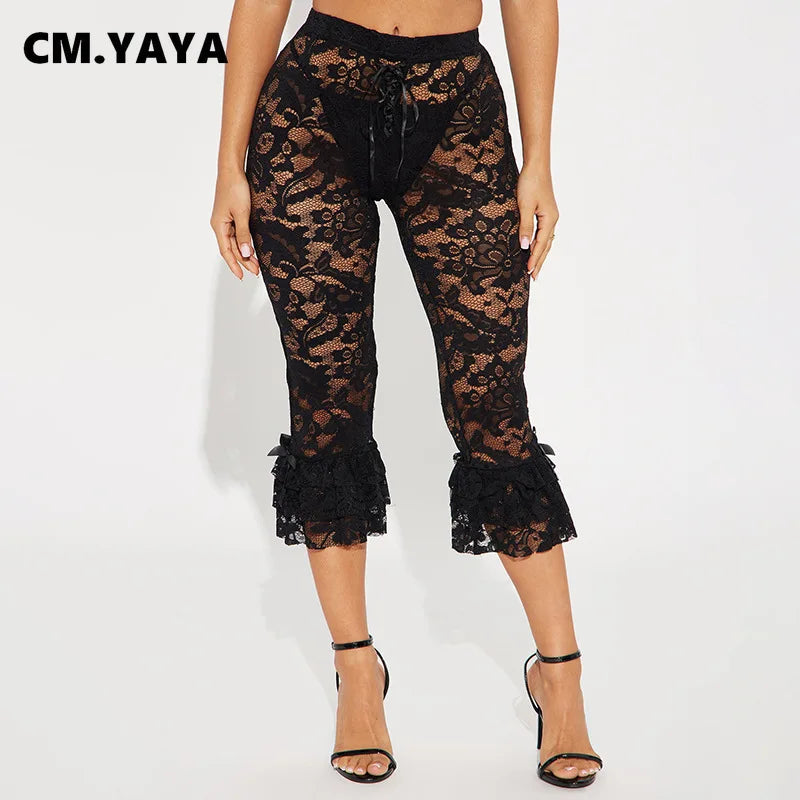 CM.YAYA Women Fashion Sexy Party Clubwear Lace Floral See Though Cascading Ruffles Hem Flare Lace Up Pants Capris 2025 Trousers