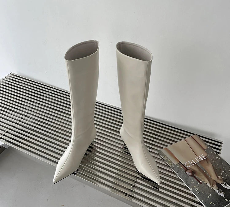 2025 Luxury Knee High Boots Women Wine Red Pointed Toe Kitten Heel Long Boots Wide Tube Bottes Santiags Femme Elegant Shoes