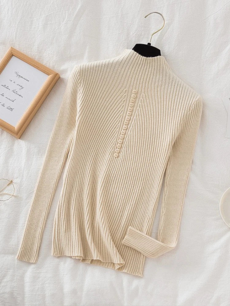 Women Turtleneck Pullovers Autumn Winter Jumper Knitted Basic Top Fashion Solid Color with Button Long Sleeve Ladies Sweater