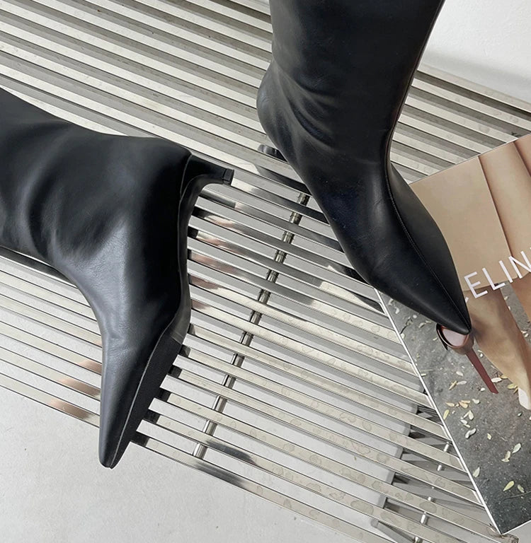 2025 Luxury Knee High Boots Women Wine Red Pointed Toe Kitten Heel Long Boots Wide Tube Bottes Santiags Femme Elegant Shoes