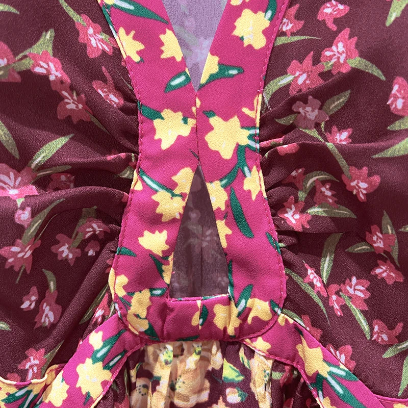 Waist Hollow out Women's Long Dress Deep V Short Sleeve 2025 Summer Lady Floral Printed Robe