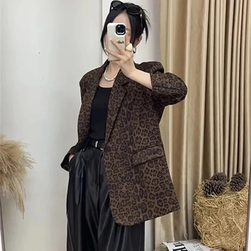 2025 Spring Autumn New Korean Fashion Leopard Print Blazer Women Long Sleeve Suit Coat Female Casual Office Outwear Ladies Tops
