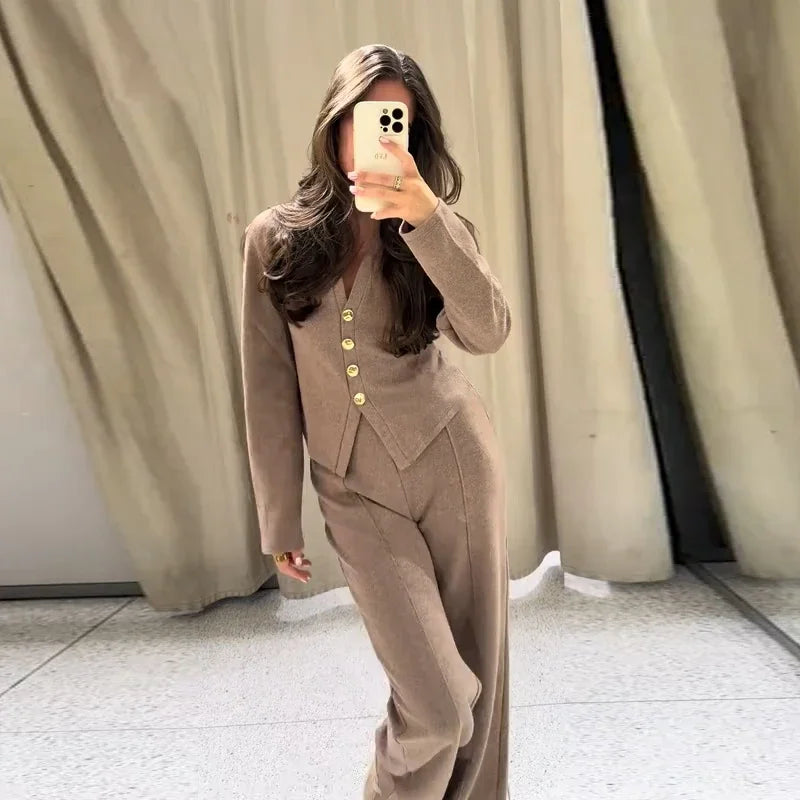 Casual Knitted Pant Suit Women Solid V-neck Full Sleeve Button Jacket Wide Trouser 2025 Autumn Fashion 2 Pieces Set Lady Outfits