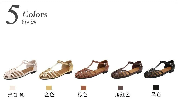 Knitted Hollow Flat Toe Sandals for Women's 2025 New Summer Wear, Breathable One-piece Buckle Fashion Vacation Roman Shoes Women