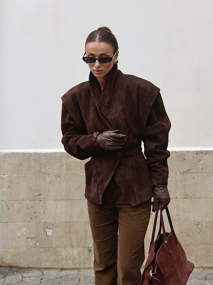 Talenza Vintage Brown Suede Jacket Women Fashion Solid V Neck Long Sleeve Pocket Lapel Single Button Coat Fashion Street Outwear