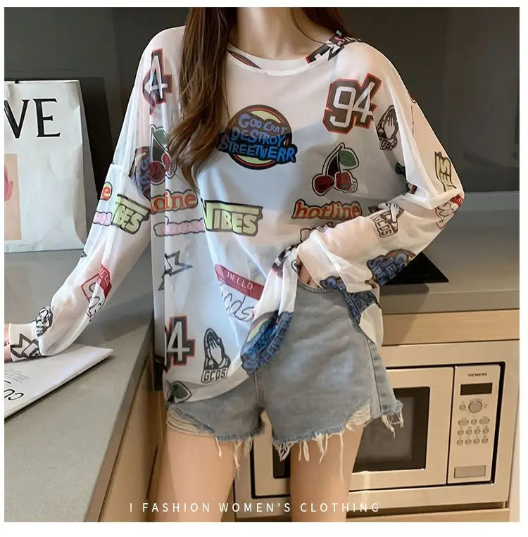 Women Letter Graphic Print Sexy Sheer Mesh Harajuku Y2K T Shirt Summer Trendy Long Sleeve Thin Tees Casual Streetwear Tops Ropa