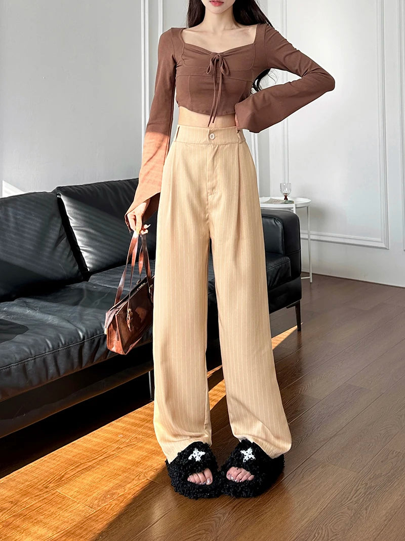 Slimming High Waist Trousers Women's Loose Striped Wide Leg Pants Korean Sle Commute Faion plus Size Long Trousers