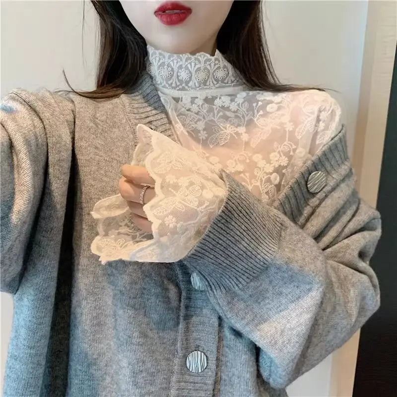Lace Long Sleeve Shirts Women Plus-velvet Slim Basic Mock Neck Hollow Embroidery Autumn Winter Tops Gentle Elegant Chic Female