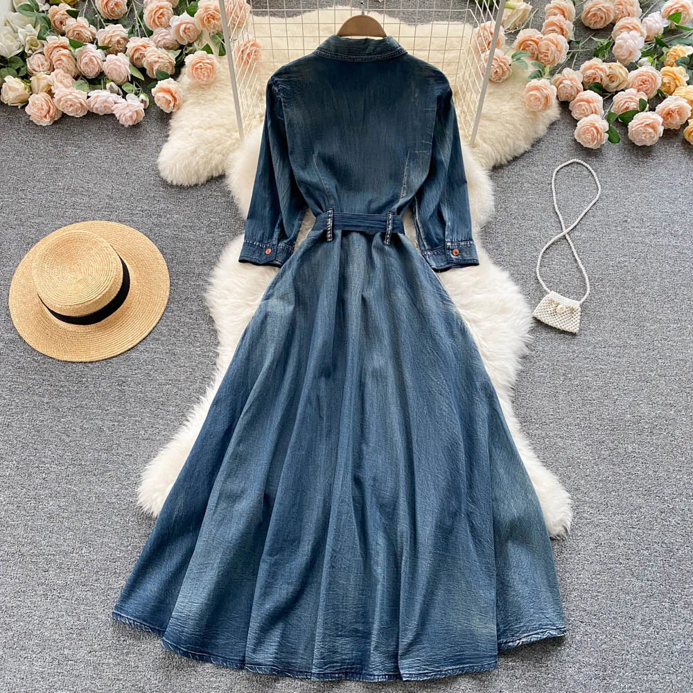 AYUALIN Denim Long Dress for Women Ethnic Floral Embroidery Boho A-line Casual Summer Vestidos Lapel Long Sleeve Dresses Lady
