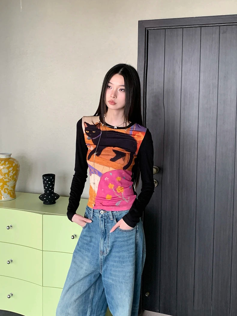 CHEERART Cat Funny Graphic T Shirts Long Sleeve Top For Woman Illustration Print Patchwork Cute Tees Designer Clothes 2025